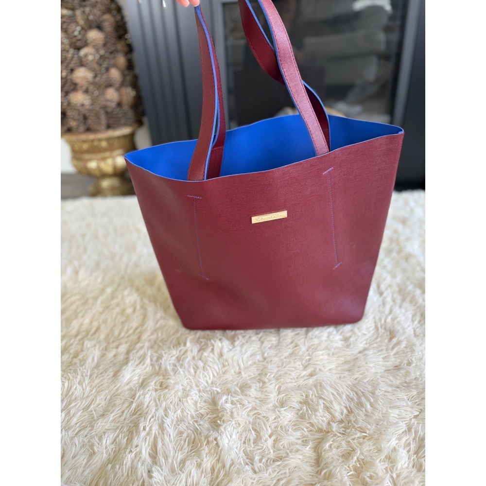 Oscar de la Renta Reversible Tote Bag Maroon Red‎ Blue Shopper Carryall Purse